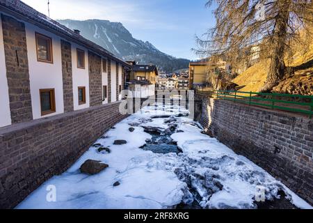 Moena, Italy - February, 17, 2023: In the village of Moena, a community in Trentino in the northern Italian region. Largest town in the Fassa Valley i Stock Photo