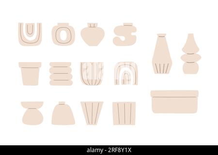 Different shapes various ceramic vases set. Modern trendy pots, vessels in minimal style for creating logo, card, banner, compositin with flowers Stock Vector