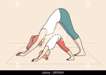 Mother and daughter are engaged in yoga and exercises, leading healthy lifestyle and learning good habits that improve well-being. Woman with little girl doing yoga pose adho mukha svanasana together Stock Vector