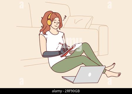 Woman with bionic prosthetic arm sits on floor near sofa and makes notes in notebook. Girl with prosthesis listens to music in headphones and smiles, for concept of love of life or vitality Stock Vector