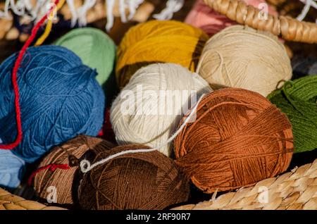 selective focus, balls of wool in different colors Stock Photo
