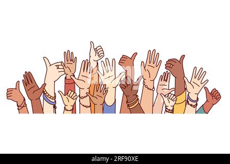 Hands of diverse people showing thumbs up or greeting gestures symbolize unity and harmony in society. Hands of crowd multiethnic men and women united to fight against discrimination and intolerance Stock Vector