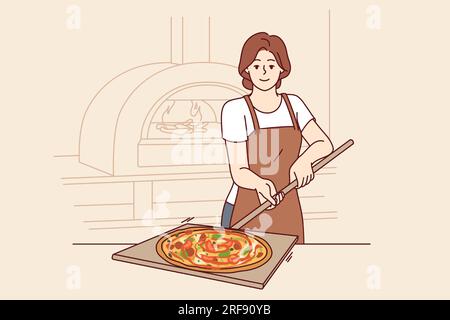 Woman is preparing pizza and holding shovel to take out dish from stone oven for cooking italian food. Pizzeria chef in apron demonstrating delicious margherita or pepperoni pizza with melted cheese Stock Vector