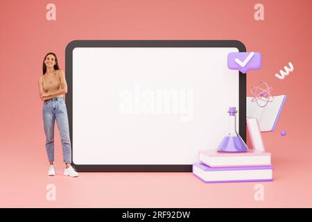 Young Lady Posing Near Big Digital Tablet On Pink Background Stock Photo