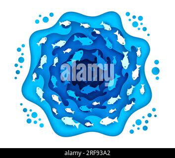 Sea paper cut with tropical fish shoal. Underwater 3d vector frame with spinning vortex of fish silhouettes in depth create an intriguing stunning backdrop for ocean-themed projects, marine background Stock Vector