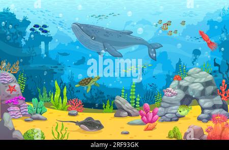 Cartoon whale, puffer fish and shoal on underwater paper cut landscape ...
