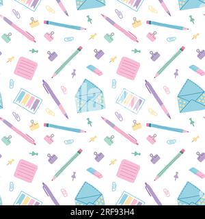 Seamless pattern stationery school supplies. Education, self learning, online learning at home. Vector isolated on white. Back to school theme design Stock Vector