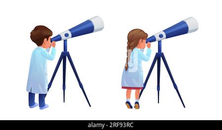 Cartoon boy and girl kids look through a telescope. Vector curious children wear lab coats gazing through a glass, exploring mysteries of the universe, igniting their imaginations, learning astronomy Stock Vector