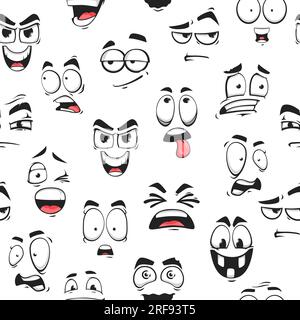 Cartoon funny emoji faces seamless pattern, funny emoticons and happy emoji, vector background. Cute smile characters pattern of cartoon kawaii emoticons laugh or scared and silly tongue for pattern Stock Vector