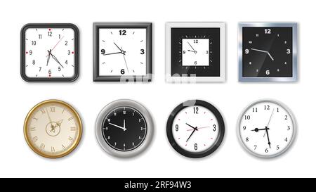 Watch face realistic isolated wall clockwise with numerals and arrows. Isolated modern white and black round and square 3d vector mockup. Front part of timepieces that displays the time Stock Vector I...