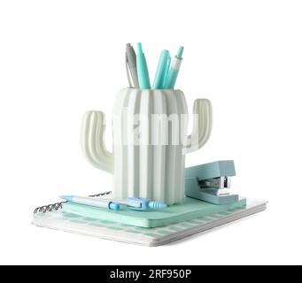 Stylish holder in shape of cactus with different stationery on white background Stock Photo