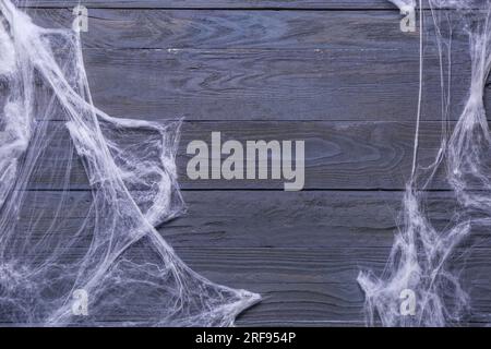 Spider web on blue wooden background. Halloween celebration Stock Photo