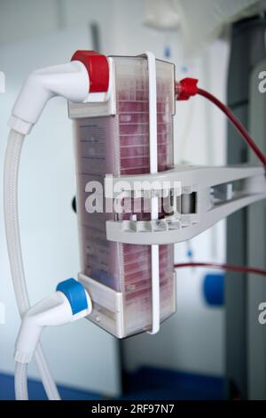 Hemodialysis dialyzer in the nephrology department of a day hospital. Stock Photo