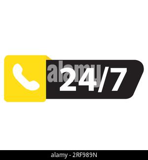 Black and yellow 24-7 telephone assistance sign on a white background with copy space Stock Vector