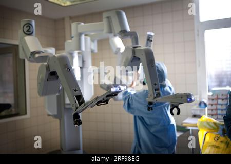 Urology department of a hospital performing prostatectomies using a robot surgeon. Stock Photo