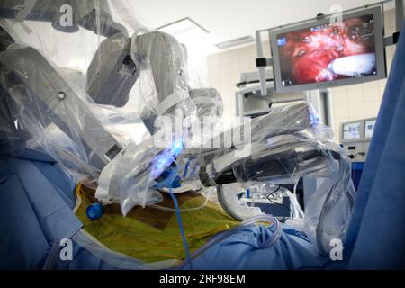 Urology department of a hospital performing prostatectomies using a robot surgeon. Stock Photo