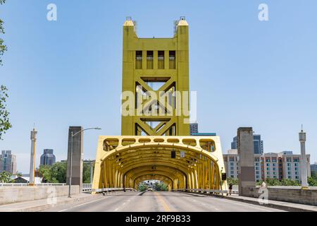 Sacramento, CA - May 25, 2023: Skyline of the city of Sacramento from the Tower Bridge Gateway Stock Photo