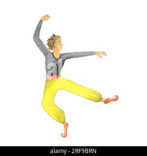 Blonde man in a grey long sleeve and yellow green pants dancing. Romantic cartoon character. Hand drawn watercolour illustration isolated on white Stock Photo