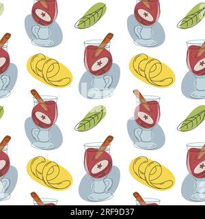 Seamless pattern of Mulled wine with cinnamon stick, apple slice, lemon zest, green leaves and spots in trendy shades. Vector. EPS. Isolate. Design for poster, banner, wrapping or wallpaper, brochures Stock Vector