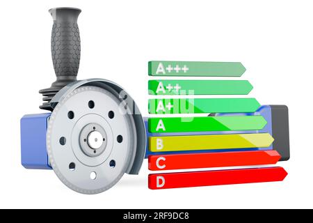 Angle grinder with energy efficiency chart. 3D rendering isolated on white background Stock Photo