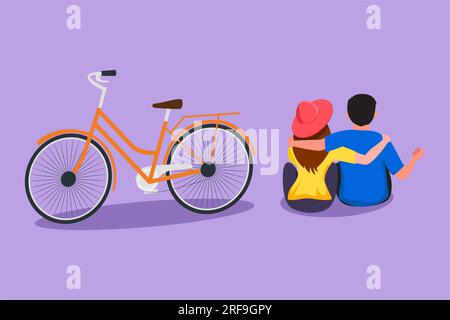 Character flat drawing back view romantic teenage couple sitting at outdoors city park with bicycle next to them. Young man and woman in love. Happy m Stock Photo