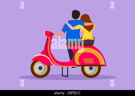 Character flat drawing back view of riders couple trip travel relax. Romantic couple honeymoon moments with hugging. Cute man with woman riding scoote Stock Photo