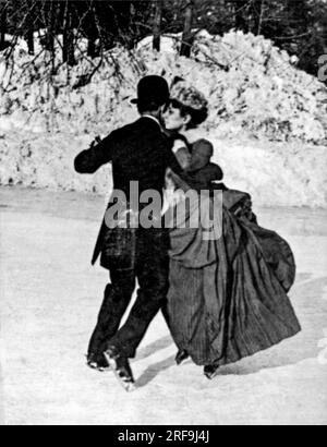 New York, New York:  c. 1890. Victorian skaters dancing on the ice in Central Park. Stock Photo