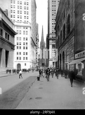 New York, New York:  c. 1923 View of Wall Street and Trinity Church at the end. Stock Photo
