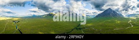 Rannoch Moor and Mountains around Buachaille Etive Mòr from a drone, River Coupall, Glen Etive and River Etive, Highlands, Scotland, UK Stock Photo