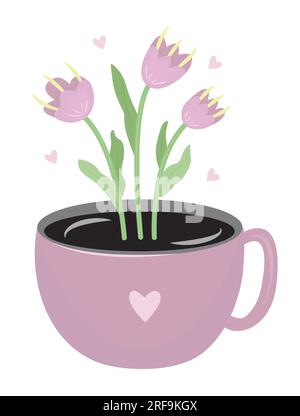 Pink cup of coffee with pink tulips, fantasy colorful illustration. Unusual print for coffee and flower lovers Stock Vector