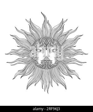 sun with face and floral ornament, vintage engraving drawing style vector illustration Stock Vector