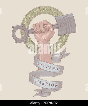 hand holding engine piston in antique circle frame and banner. Vintage engraving drawing style vector illustration Stock Vector