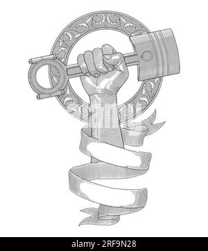 hand holding engine piston in antique circle frame and banner. Vintage engraving drawing style vector illustration Stock Vector
