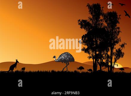 Male emu with chicks and gum tree in the sunset. two kookaburra in the tree Stock Vector