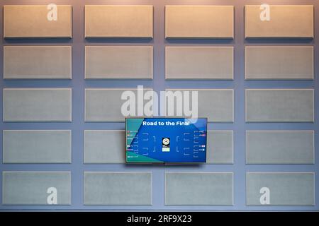 Brisbane, Australia. 02nd Aug, 2023. 'Road to the Final' is written on a screen and describes further pairings in the tournament tree until the final in Sydney. Credit: Sebastian Christoph Gollnow/dpa/Alamy Live News Stock Photo