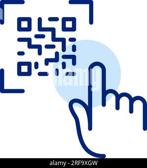 Finger tapping on QR code. Accessing website or goods through a link or payment with electronic wallet. Editable icon Stock Vector