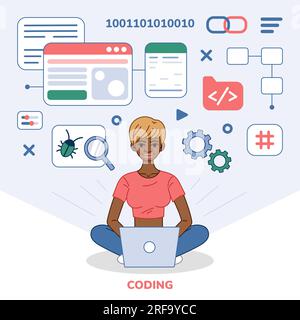 Programmer tester female character cartoon illustration. African American Woman Software developer at computer, finding program bugs. Testing, coding, programming concept. Flat vector illustration. Stock Vector