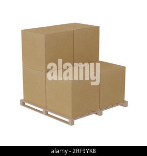 Pallet with six cardboard boxes isolated on white background Stock Photo