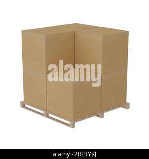 Pallet with seven cardboard boxes isolated on white background Stock Photo