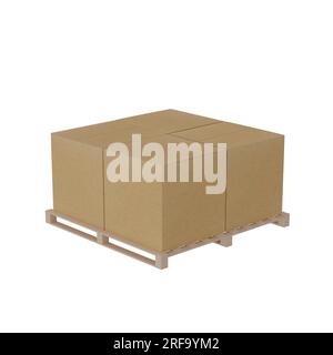 Pallet with four cardboard boxes isolated on white background Stock Photo