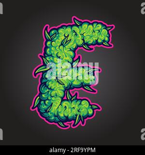 Bold monogram initial E marijuana bud detail vector illustrations for your work logo, merchandise t-shirt, stickers and label designs, poster, greetin Stock Vector