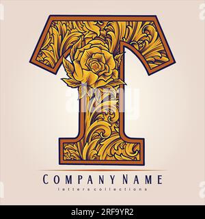 Classic engraved monogram ornament letter initial T  vector illustrations for your work logo, merchandise t-shirt, stickers and label designs, poster, Stock Vector