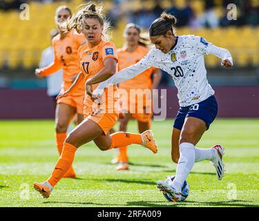 Wellington, Wellington, New Zealand. 27th July, 2023. Victoria Pelova (L) and Trinity Rodman (R) compete for the ball during the 2023 FIFA Womens World Cup Group E match between USA and Netherlands at the Wellington Regional Stadium in Wellington, New Zealand (Credit Image: ©James Foy/Alamy Live News) Stock Photo