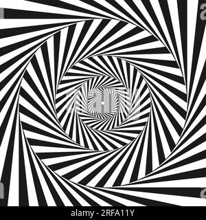 Radial optical illusion background. Black and white abstract lines surface in circles. Poster, banner, template design. Spinning and rotating spiral or vortex illusion wallpaper. Vector opt art  Stock Vector