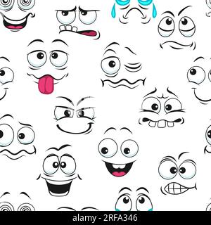 Cartoon funny, sad, crying and happy faces seamless pattern, vector emoji background. Emoticons expression or kawaii smile pattern in doodle, funny face emoji eyes and mouth with comic cute smiles Stock Vector