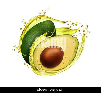Avocado oil with splash and splatters. Isolated 3d vector realistic fruit with liquid flow captured in mid-air motion, giving a sense of freshness and vibrancy for food and health-related designs Stock Vector