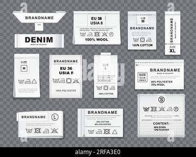 Realistic textile cloth wash labels, tags and badges, vector fabric laundry  instructions. Textile clothes labels for material content, cotton dry  washing care, clothing brand and size information tags Stock Vector Image 