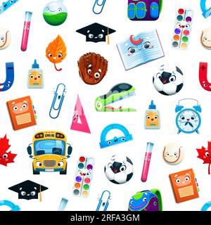 Cartoon school characters seamless pattern. Textile vector pattern, fabric or wallpaper print with school bus and backpack, textbook, education graduation cap and alarm clock, glue cute personages Stock Vector
