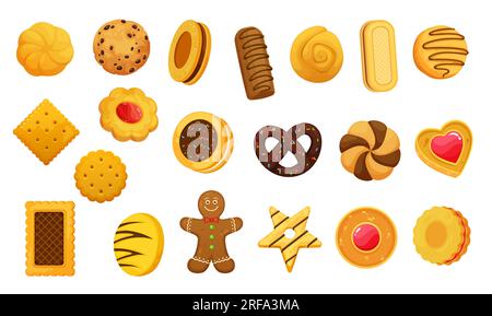 Cartoon chocolate, cracker and gingerbread cookies, isolated vector set. Biscuit and cookie cakes, bakery pastry and sweet bite icons, pastry sugar food cracker, choco cream cookie and butter biscuit Stock Vector