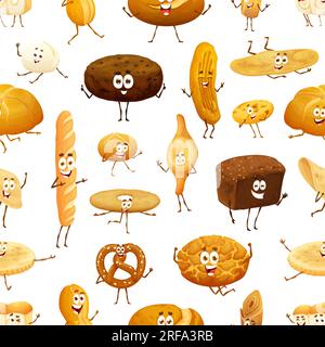 Cartoon bread and bakery characters seamless pattern background, vector funny buns and loafs. Cute bakery bread pattern of wheat bagel, rye loaf and baguette or ciabatta with pretzel and flatbread Stock Vector